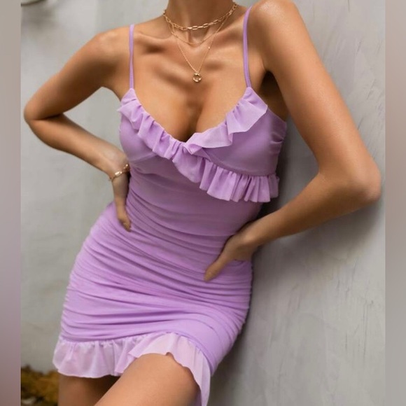 Glamaker Ruffle Trim Ruched Mesh
Bodycon Cami Dress LILAC Medium - Picture 3 of 8